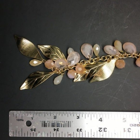 Long Y Drop Necklace Barbie Gold Pink Salmon Rose Leaves Dangles Retro Cottage - Picture 6 of 8